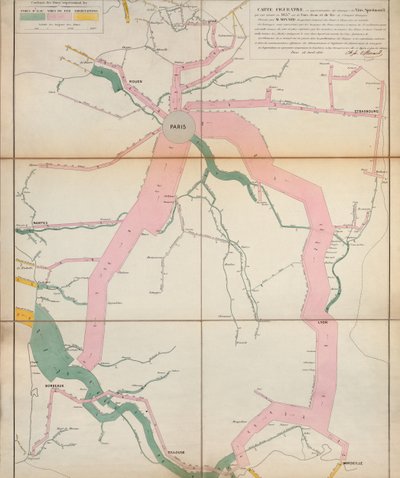 Karte, die das ungefähre Tonnage von Weinen und Spirituosen in Frankreich im Jahr 1857 darstellt, nach Wasser und Eisenbahn, 1860 von Charles Joseph Minard